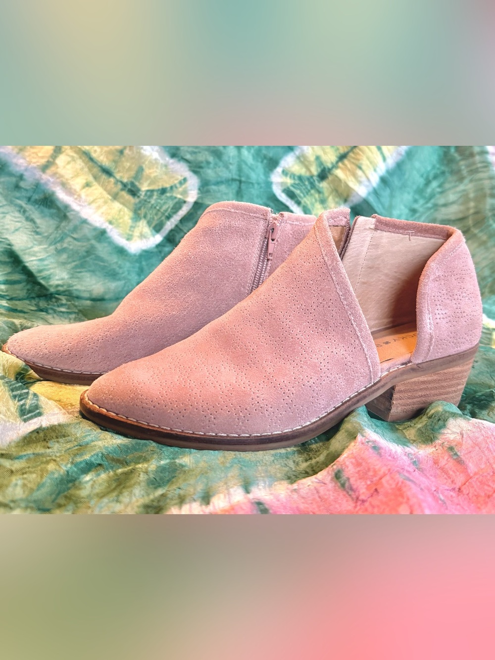 Lucky Brand Blush Pink Perforated Suede Ankle Booties